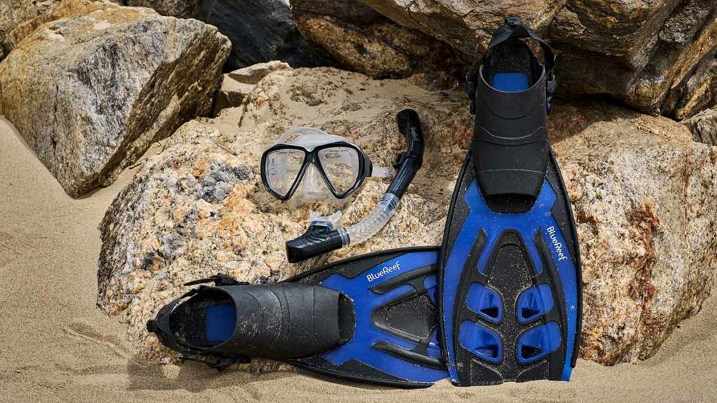 blue reef snorkel set mask, fins, and snorkel