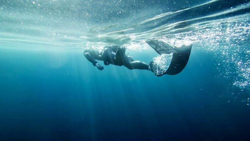 spearfisher underwater with spearfishing fins