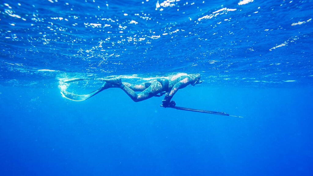 spearfisher underwater with spearfishing fins