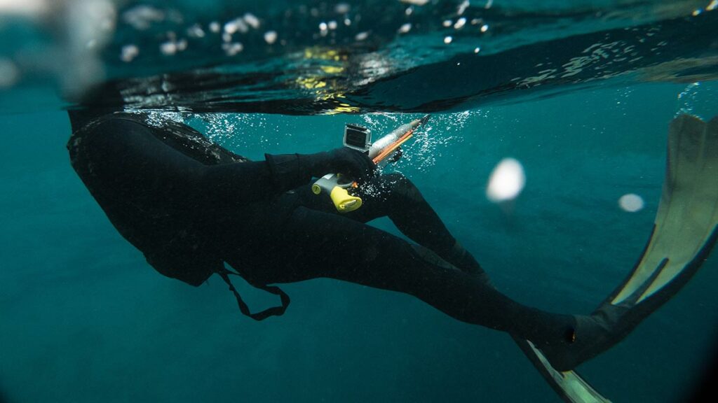 spearfisher underwater with spearfishing fins