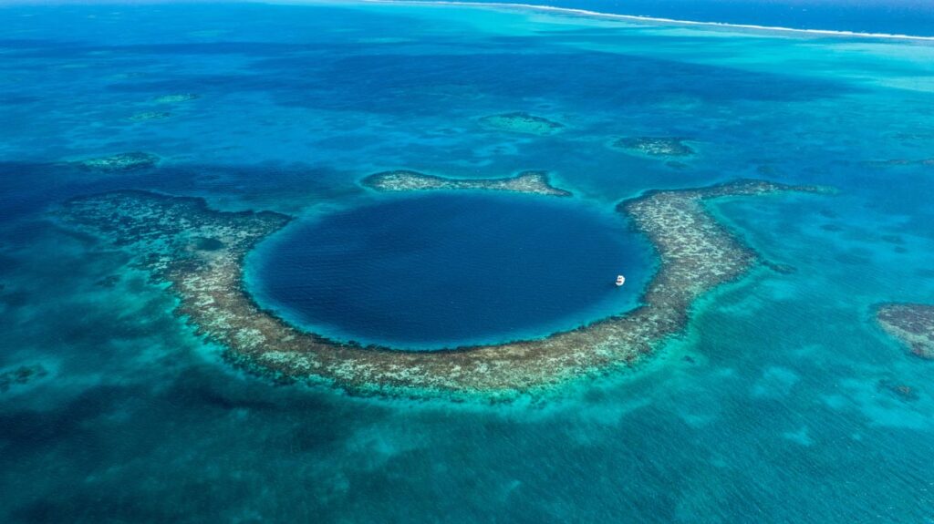 Aerial view of the Belize Blue Hole, UNESCO Heritage site