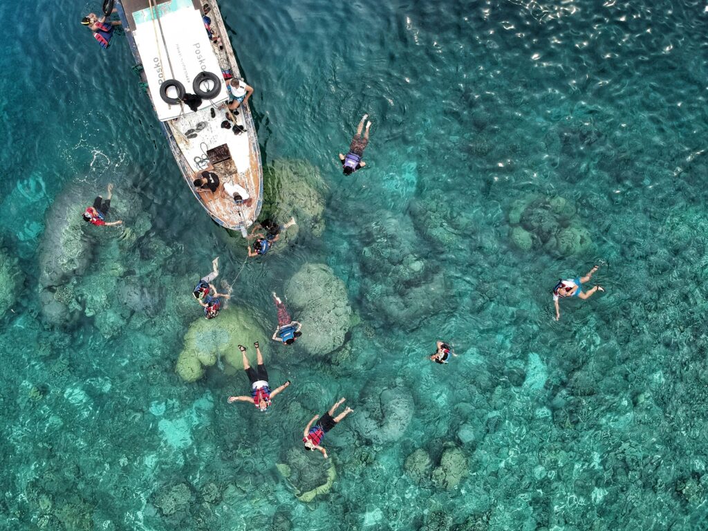 a group of scuba divers hovering around a boat