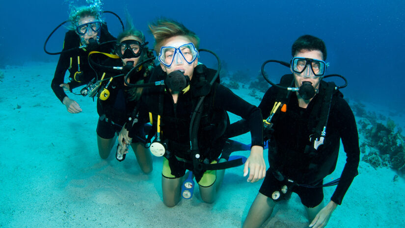 family diving together