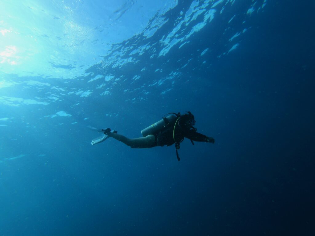 a female diver navigating near the surface