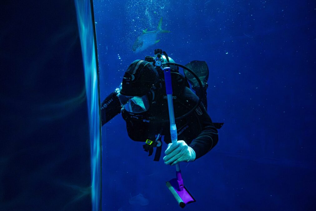a diver holding a tool