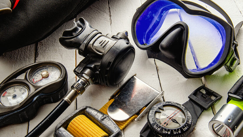 Full set of scuba diving equipment Fins, Regulator/Octopus, Depth Gauge, Balanced Regulator,Power Inflator, Dive Mask and Snorkel , aqualung. Scuba gear and accessories.