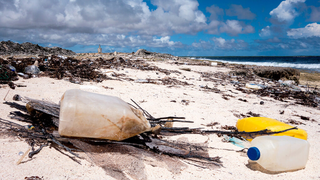 Garbage washed up on the shore of an island in the Caribbean