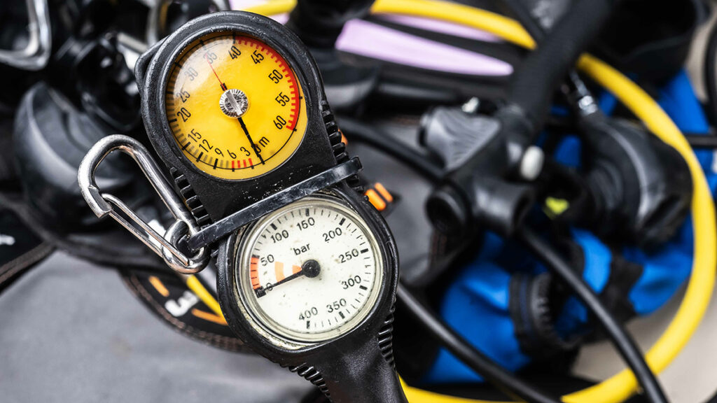 Scuba equipment Scuba Fins, Regulator Octopus, Depth Gauge , Balanced Regulator ,Power Inflator ,Dive Mask and Snorkel , Scuba Gear for a Dive on a Boat