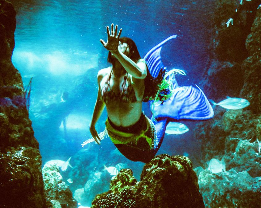 mermaid freediver reaches for camera, bioluminescent lighting