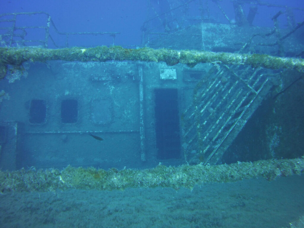 Sunken pontoon of Zenobia Shipwreck, Larnaca Cyprus. Small schools of fish around.