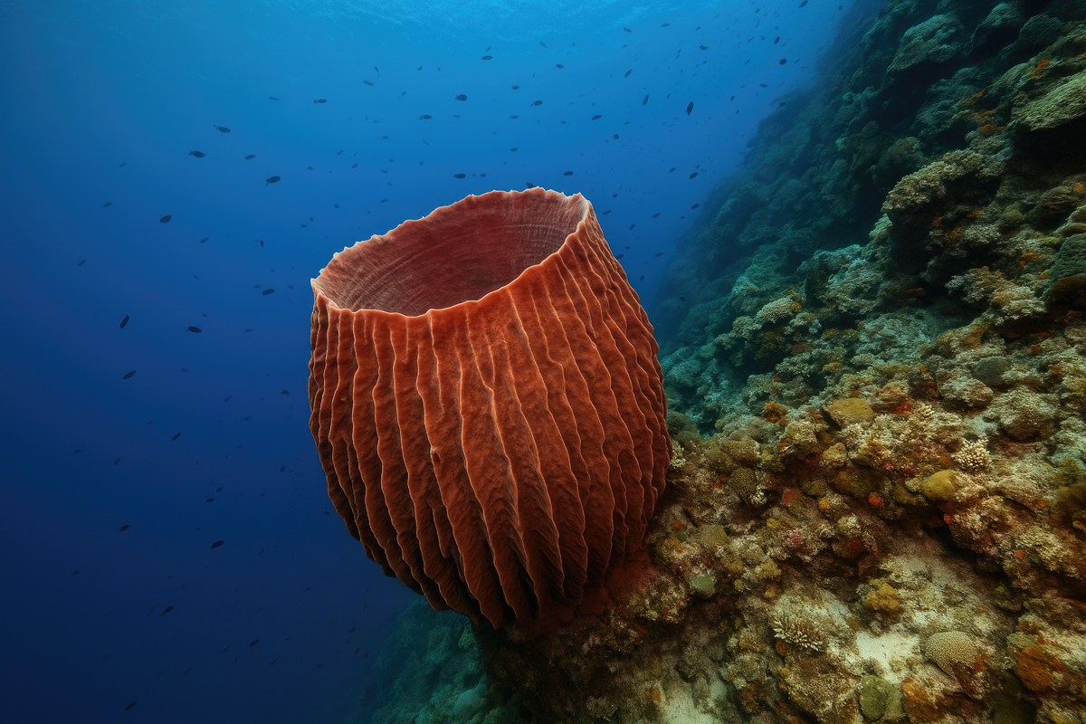 A massive barrel sponge extending along a vertical coral wall