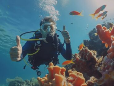 scuba diver poses for camera beside a lively reef