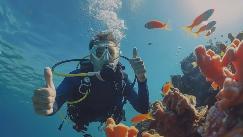 scuba diver poses for camera beside a lively reef