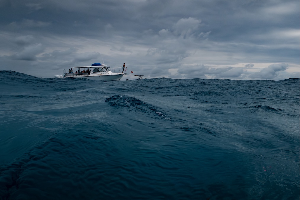 A surface-level view of dark, choppy ocean water in the foreground, with a white dive boat carrying passengers in the distance under a heavy, overcast grey sky.